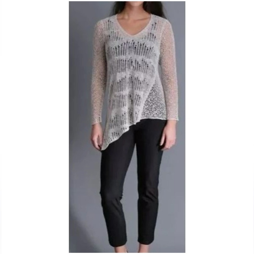 Eileen Fisher Pebble V-Neck Airy Melange Linen Grain Sheer Crochet Tunic Top XL